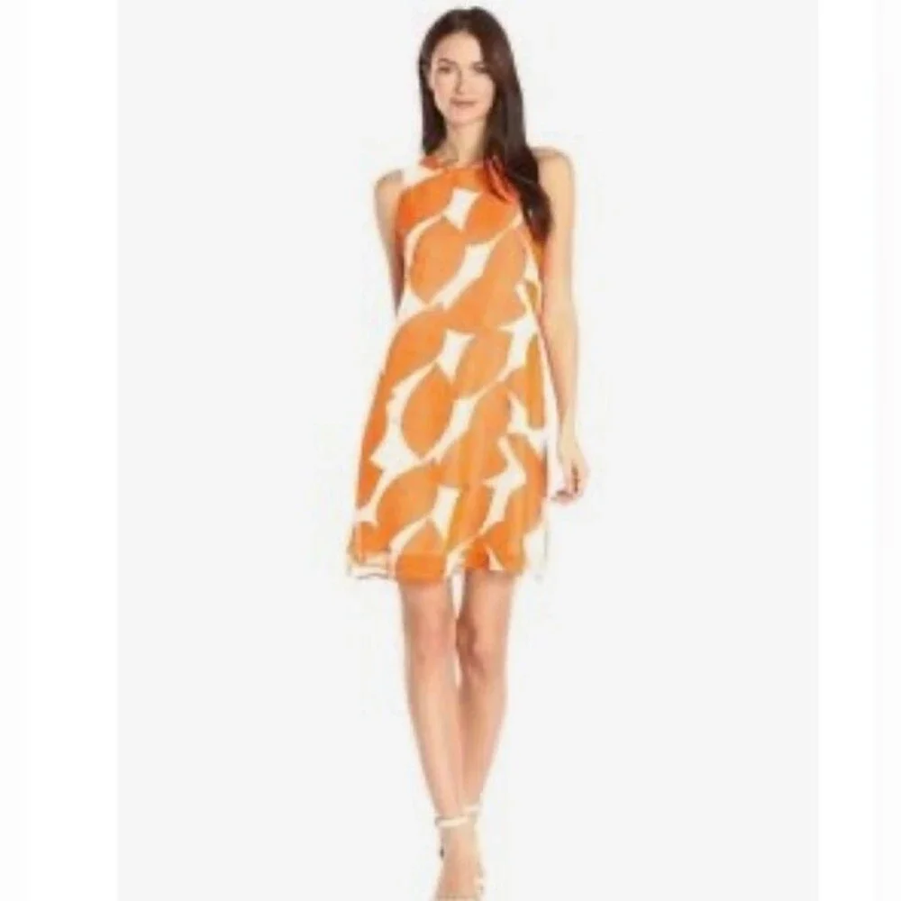 Nine West orange and white tropical abstract print shift dress size 2